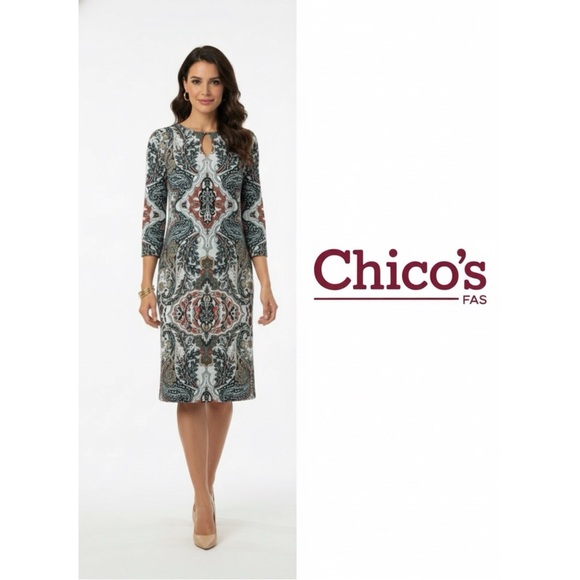 Chico's Dresses & Skirts - Chico's Teal, Burgandy and White Sheath Dress with Bell Sleeves